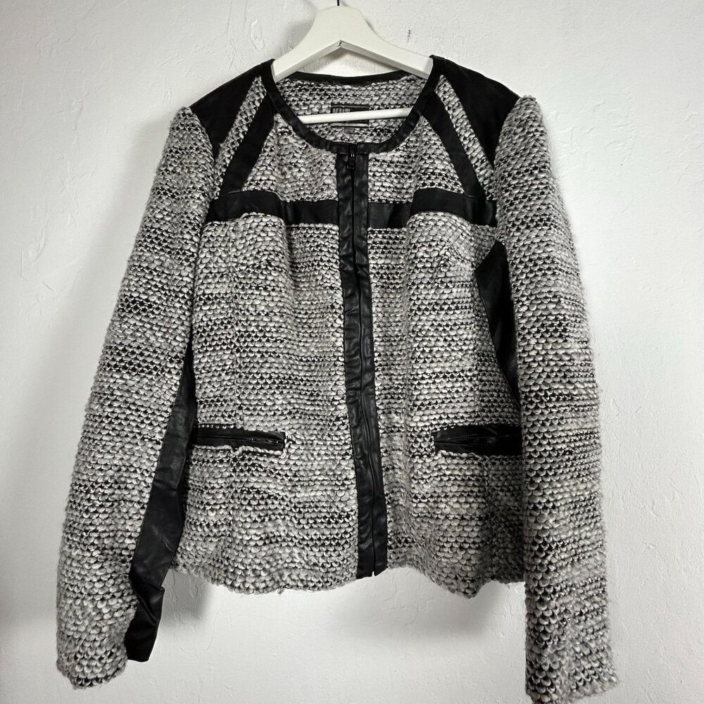 Kut from the Kloth Brandon Boucle Tweed Faux Leather Trim Jacket XL Black White